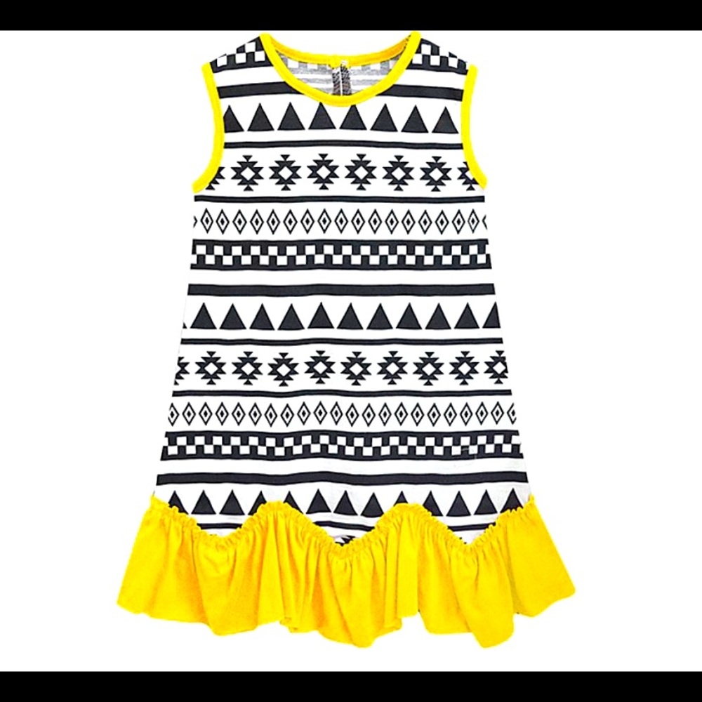 Black & Yellow Geometric RuffleHem Sleeveless Dres